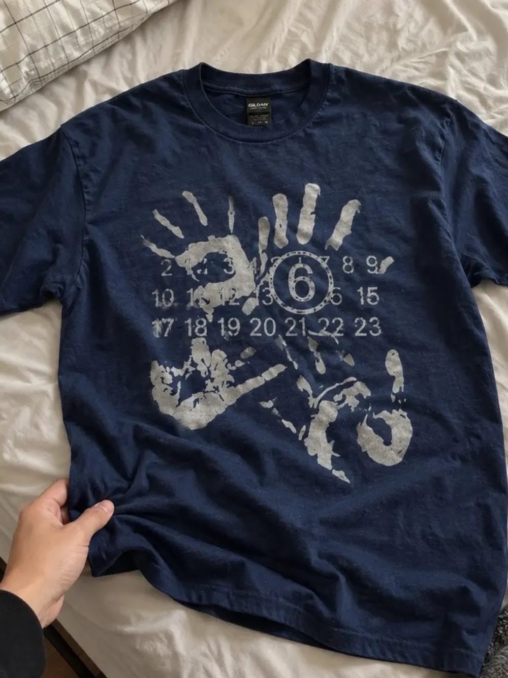 Gildan Navy Short Sleeve Graphic Tee with Light Gray Handprint